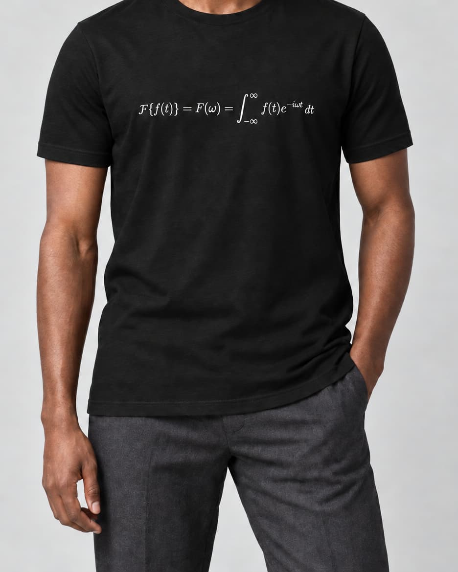 Black Fourier Transform T-Shirt on an adult model in a neutral studio