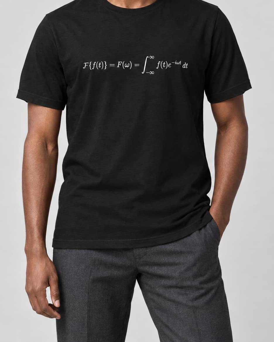Black Fourier Transform T-Shirt on an adult model in a neutral studio, front view
