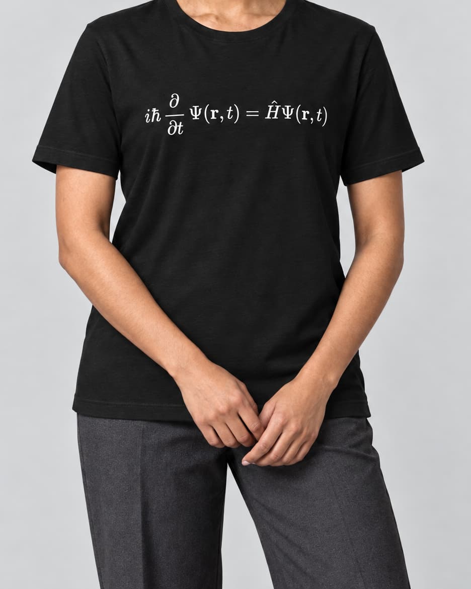 Black Schrödinger T-Shirt on an adult model in a neutral studio, front view