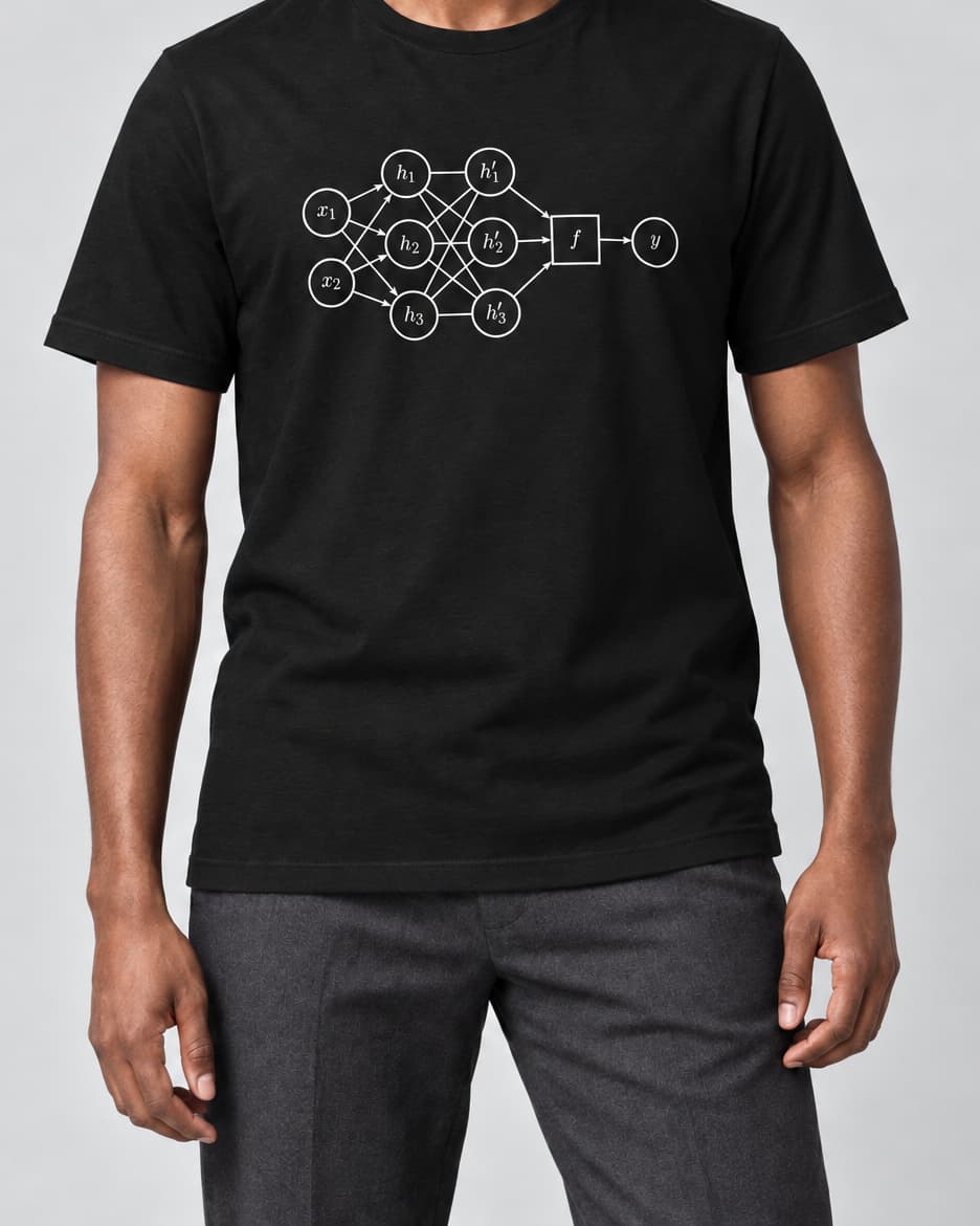 Black Universal Approximation T-Shirt on an adult model in a neutral studio, front view