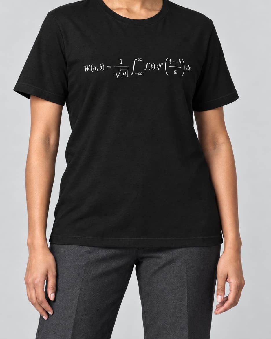 Black Wavelet Transform T-Shirt on an adult model in a neutral studio, front view